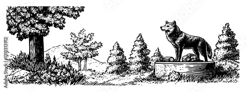 Majestic wolf standing proud on a stone pedestal amidst a serene woodland landscape in a detailed engraved vector illustration