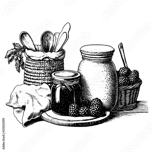 Captivating vintage still life featuring jars, baskets, and utensils gracefully arranged for a rustic kitchen atmosphere