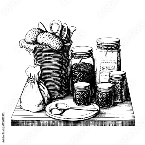 Engraved illustration of jars and a basket of pickled items on a rustic table, perfect for packaging design and tattoo inspiration