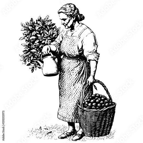 Engraved illustration of a woman tending to her garden with a watering can and a basket full of fruits