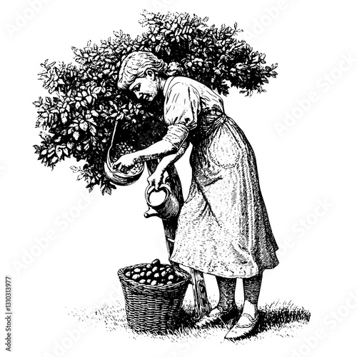 Engraved illustration of a woman watering an apple tree while harvesting fruit in a serene garden setting