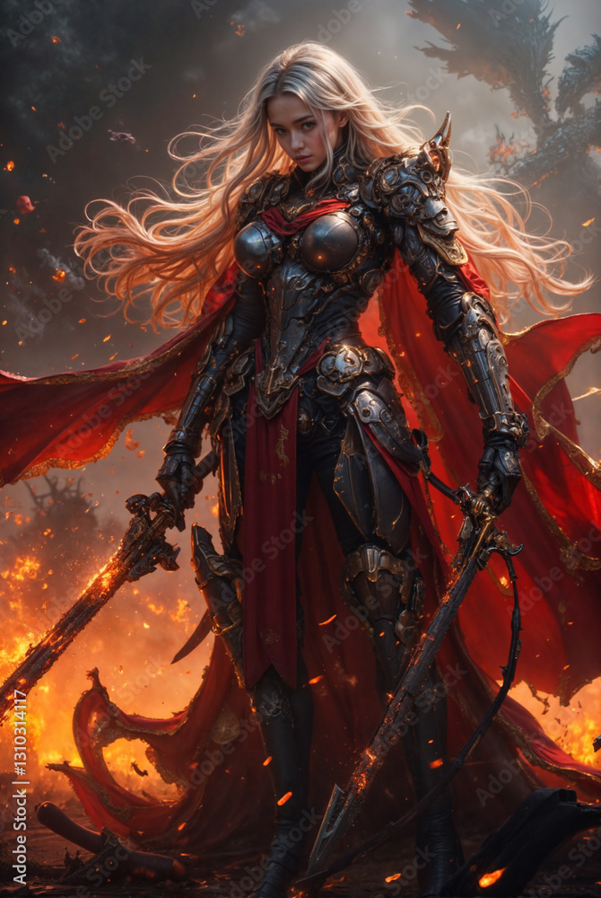 a powerful female warrior in elaborate armor, wielding two swords. She stands in a dramatic, fiery landscape, surrounded by intense flames and smoke, creating a sense of intense acti a powerful female warrior in elaborate armor, wielding two swords. She stands in a dramatic, fiery landscape, surrounded by intense flames and smoke, creating a sense of intense acti