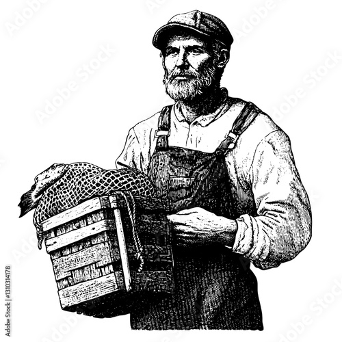 Rustic fisherman holding a freshly caught fish in a basket, embodying traditional artistry and craftsmanship