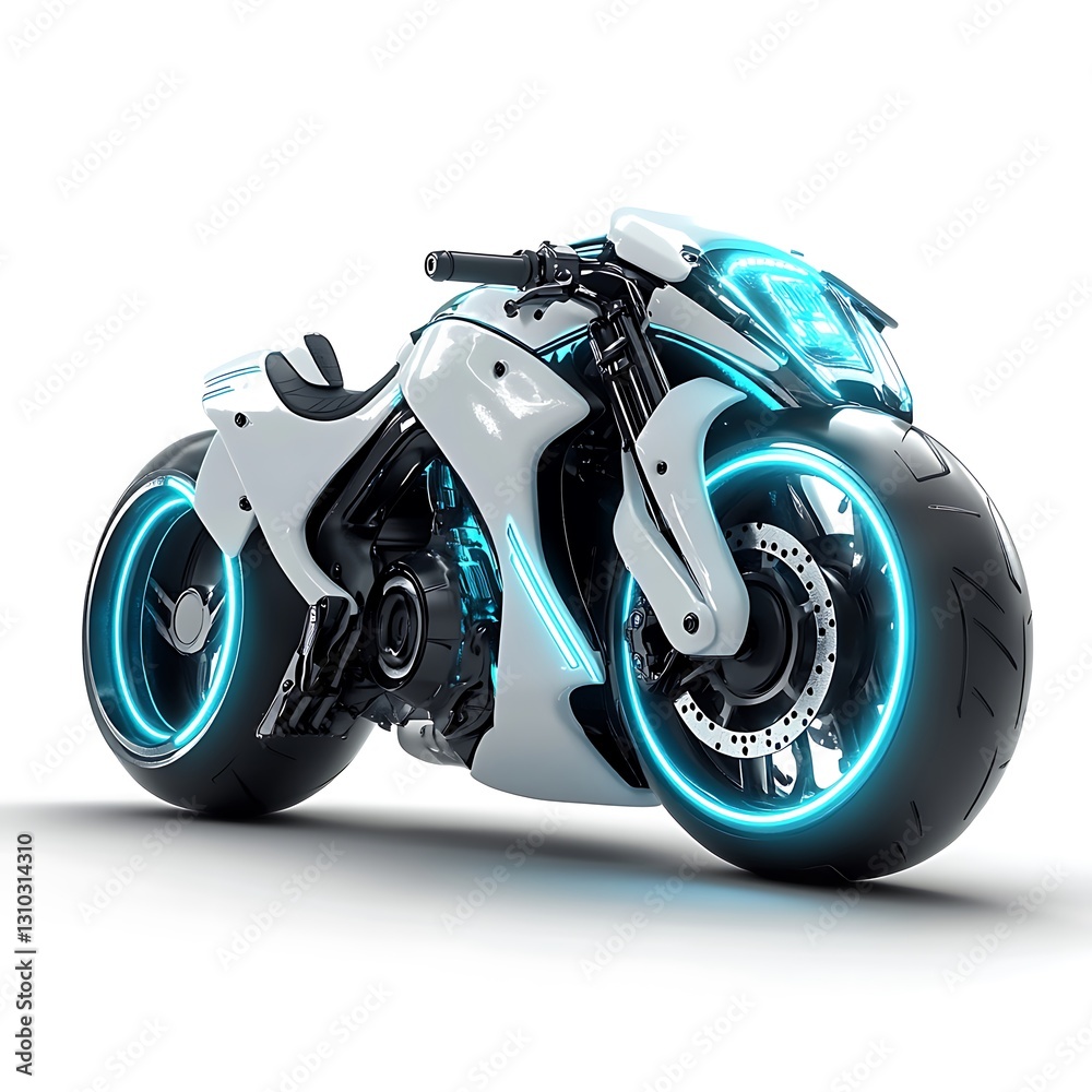 Cyberpunk-inspired white motorbike with glowing blue LED highlights Cyberpunk-inspired white motorbike with glowing blue LED highlights