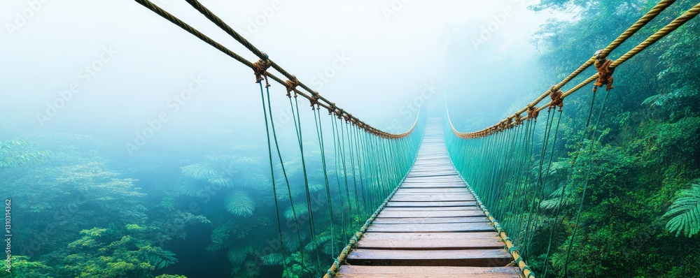 Fototapeta premium A serene suspension bridge stretches across a misty forest, inviting onlookers to explore the tranquil beauty of nature.