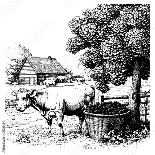 Charming rustic farm scene with a cow, a tree laden with fruits, and a quaint barn basking in pastoral tranquility
