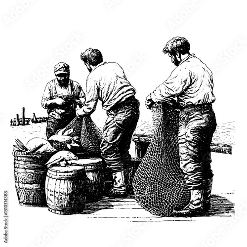 Engraved illustration of fishermen unloading nets and sorting catch by the river in a vintage style