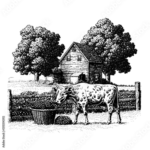 Engraved illustration of a serene farm landscape featuring a cow, barn, and lush surroundings perfect for tattoo and packaging design