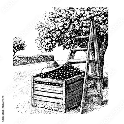 Harvesting fruits in a sunlit orchard with rustic wooden crate and ladder set against a backdrop of blooming trees