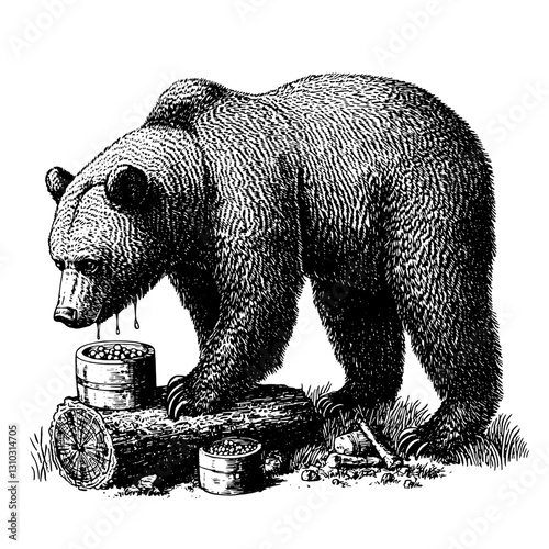 Bear exploring nature with honey jars in an engraved illustration style perfect for tattoo and packaging design