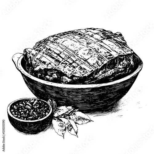 Engraved illustration of a succulent roast with flavorful sauce in a decorative bowl ideal for tattoo inspiration or unique packaging design