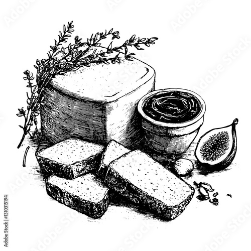 Herb-infused cheese with fig preserves and crackers presented in an artistic engraved style for packaging design