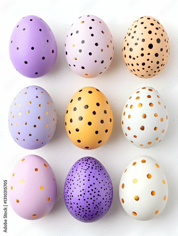 Easter Eggs with Dots Colorful Eggs Arranged on a White Surface for Decoration Easter Eggs with Dots Colorful Eggs Arranged on a White Surface for Decoration