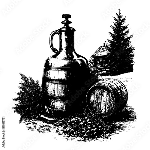 Rustic still life featuring a vintage jug, barrel, and natural elements in a tranquil wilderness setting