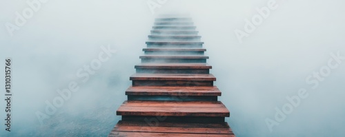 A serene wooden staircase leads through a mystical fog, creating an enchanting path into the unknown.
