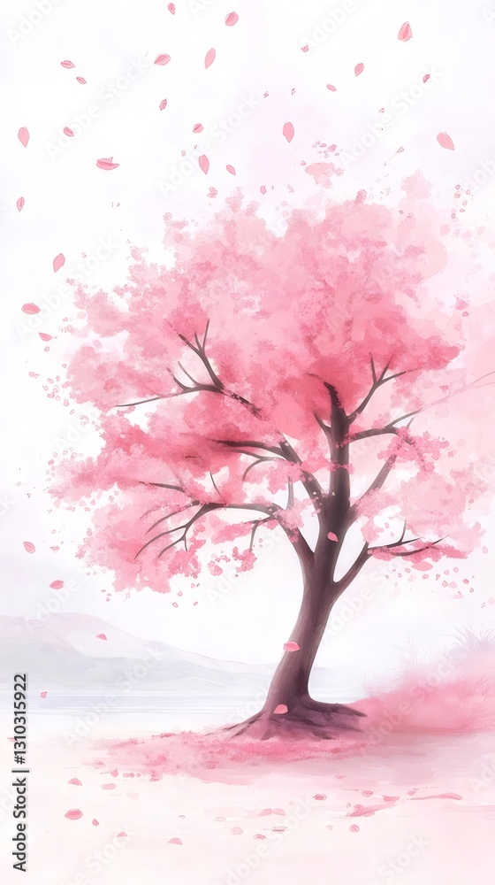 Pink cherry blossom tree, petals falling, misty landscape, spring wallpaper Pink cherry blossom tree, petals falling, misty landscape, spring wallpaper