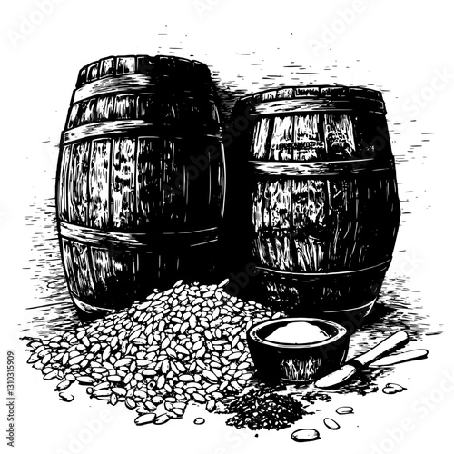 Engraved vector illustration of rustic barrels and grains for creative packaging and tattoo designs