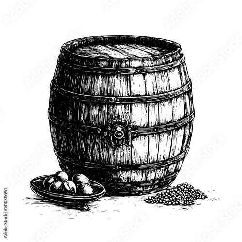 Engraved wooden barrel with scattered grains and a plate of fresh eggs in a rustic kitchen setting