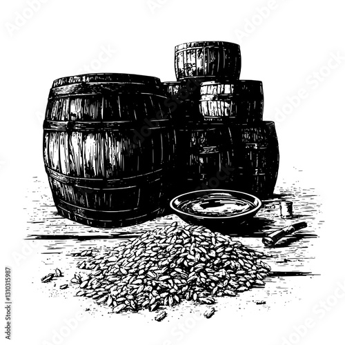 Engraved vector illustration of wooden barrels and scattered grains creating a rustic and artistic packaging design