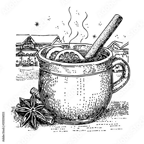 Engraved illustration of a warm aromatic beverage with spices, evoking cozy winter evenings and festive gatherings