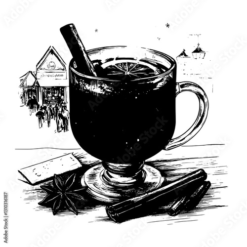 Engraved illustration of a steaming mug filled with spiced beverage, perfect for cozy gatherings in winter evenings