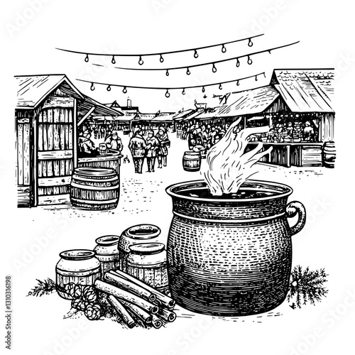 Festive marketplace with a steaming pot surrounded by wooden stalls and festive lights at twilight