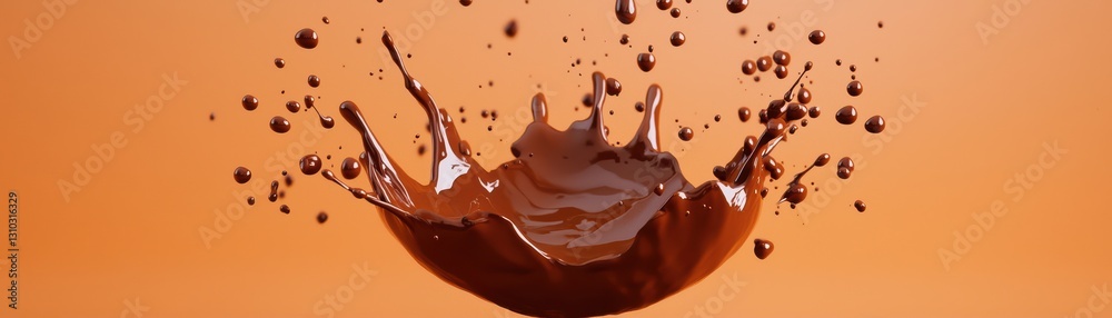 Slow Motion Melting Chocolate Explosion with Splashes Against a Warm Orange Background