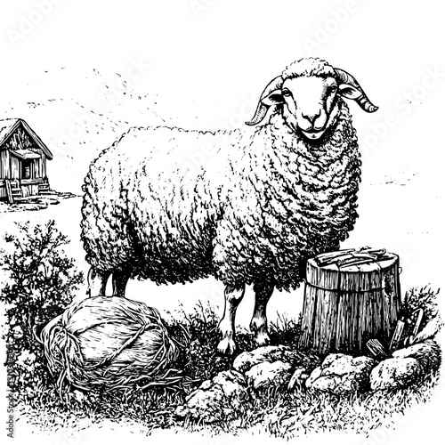 Engraved illustration of a sheep standing next to a wooden stump and hay, embodying rustic charm and farm life