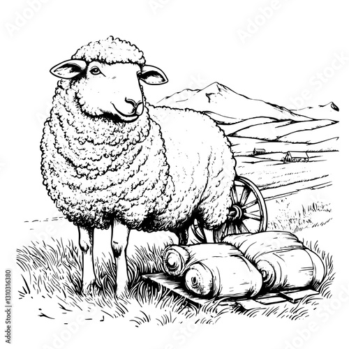 Engraved illustration of a sheep beside bales on a rustic farm landscape during daytime