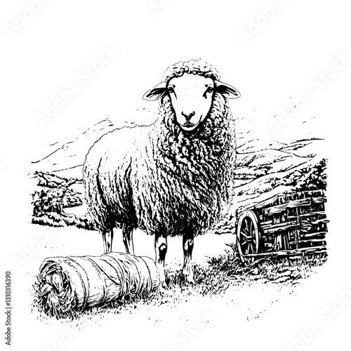 Engraved illustration of a fluffy sheep standing beside hay in a scenic countryside landscape