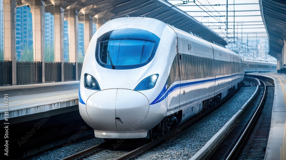 Fototapeta premium Modern High-Speed Train on Elevated Tracks in Urban Environment