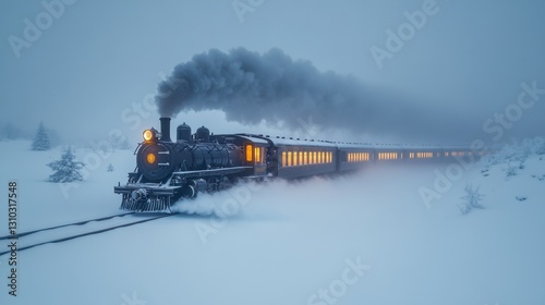 Steam train traveling through snowy landscape, cold light, concept of journey, nostalgia, winter

