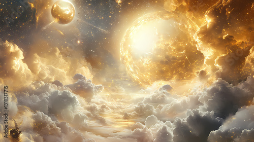 Celestial bodies float in a boundless expanse of shimmering silver and gold, amidst swirling clouds of ethereal mist, gold, geometric, clouds. Boundless - Horizon. Illustration
