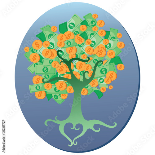 Stylized money tree growing dollar bills and coins representing investment, passive income, and financial growth