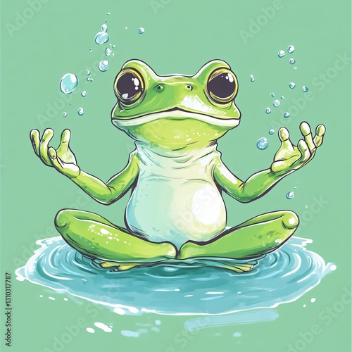Frog doing yoga - Cute cartoon doodle toad sitting in meditation pose