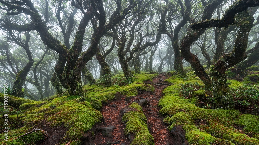 Naklejka premium Misty forest path with moss-covered trees and ground.