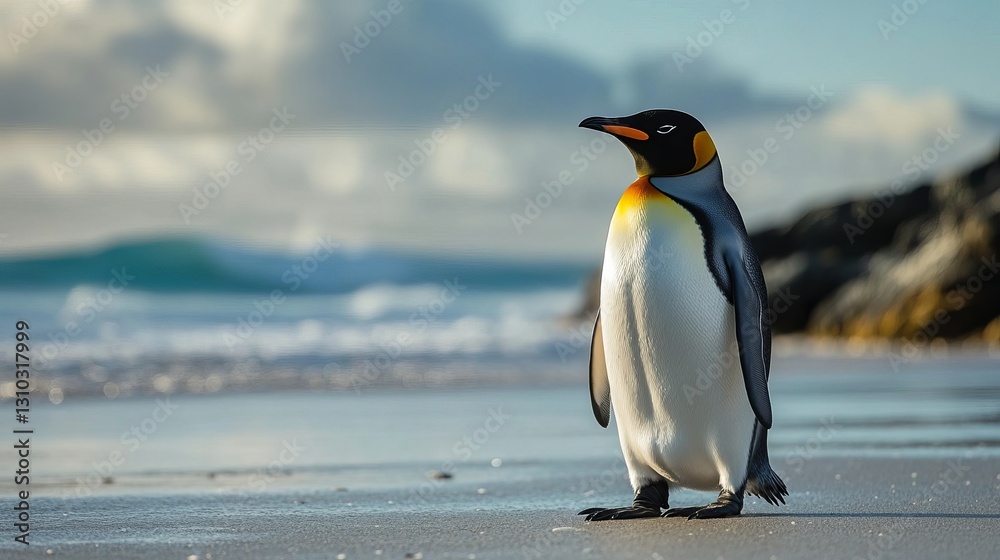 Fototapeta premium Majestic King Penguin on Sandy Beach Ocean Background Wildlife Photography Antarctic Nature Image sea ice sky bird cold snow water royal avian fauna 