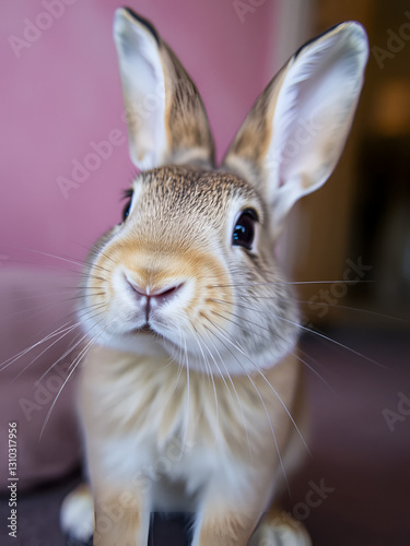 A closeup shot captures a startled rabbit, showcasing its detailed fur and curious eyes against a softly blurred backdrop.