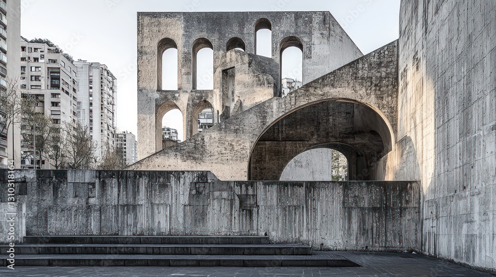 Fototapeta premium Modernist architecture, concrete structure with arches and stairs.