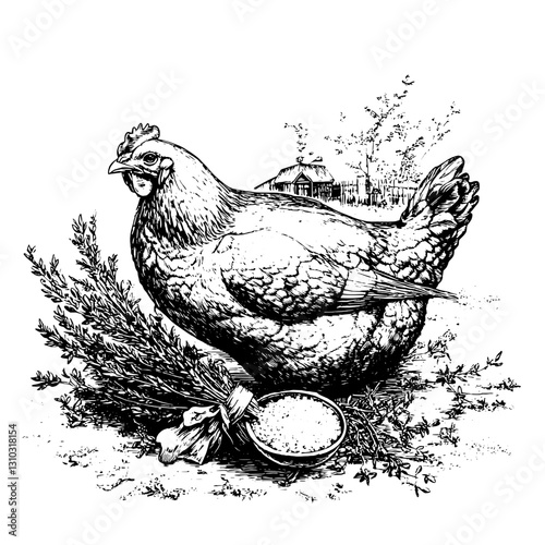 Engraved vector illustration of a plump hen surrounded by herbs and a bowl of salt in a rustic farm setting