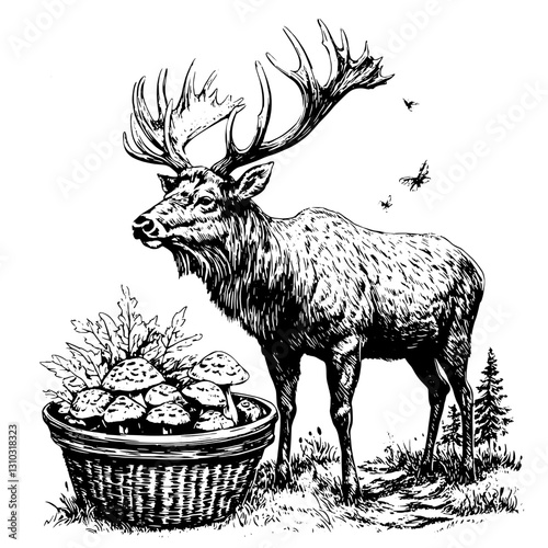 Engraved illustration of a majestic stag beside a basket of mushrooms in a serene woodland setting