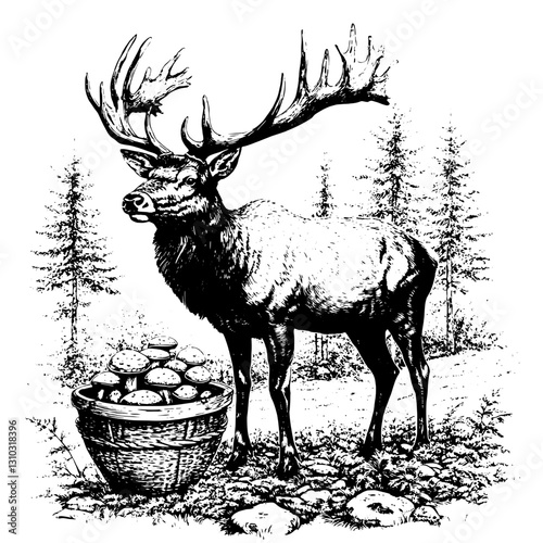 Majestic elk standing proudly beside a basket of mushrooms under a serene forest canopy in a beautifully detailed engraving