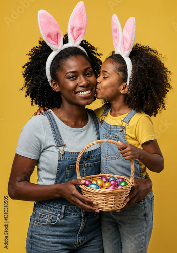 Happy african american family: mother teaching happy little kid soon to decorate Easter eggs while sitting in kitchen
