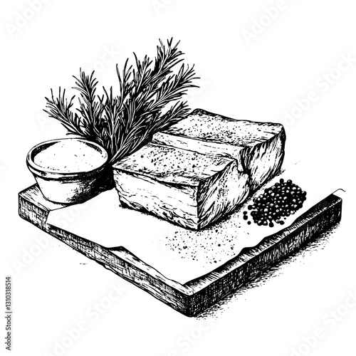 Engraved illustration of fresh ingredients for culinary creations featuring herbs, salt, and a wooden cutting board