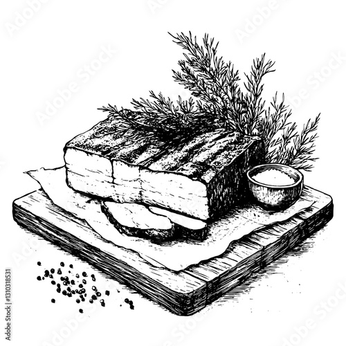 Artistic vector engraving of a rustic meat platter featuring cured meat, herbs, and a small bowl of dipping sauce on a wooden board