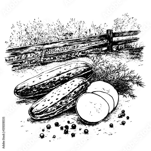 Freshly harvested cucumbers and potatoes laid out on rustic farmland surrounded by a wooden fence