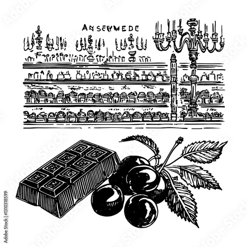 Engraved illustration of a vintage chocolate display adorned with elegant chandeliers and luscious cherries
