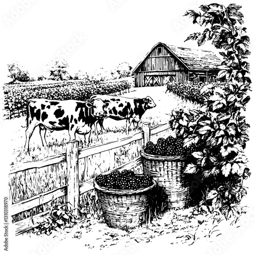 Charming country farm life with cows grazing near a rustic barn surrounded by lush fields and berry baskets