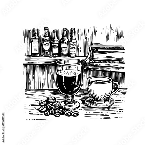 Engraved illustration of coffee and whiskey with a backdrop of bottles conveying warmth and artisanal charm