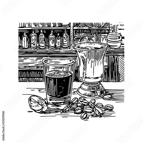 Artistic engraving of beverages on a wooden bar counter showcasing coffee and a cocktail with lively background elements